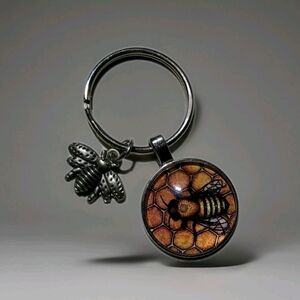 HONEY BEE Honeycomb Pattern 1" Round Pendant & Bumblebee Charm Key Chain - NEW
